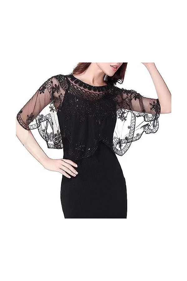 wjnvfioo Écharpe en dentelle noire avec perles de verre et paillettes, Noir , taille unique