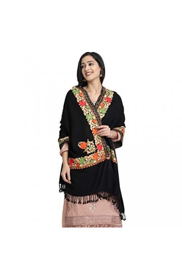 Écharpe châle Cachemire pour femme avec broderie florale indienne - noir - Large