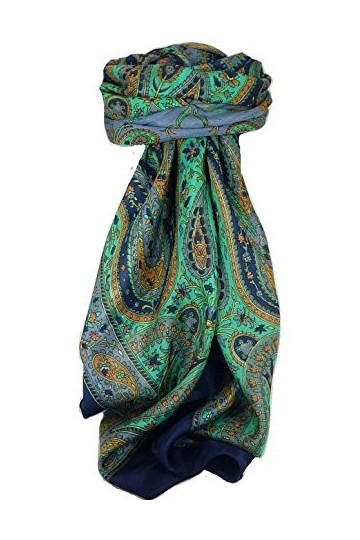 Pashmina & Silk Écharpe Classic Paisley Soie de Mûrier Nori French Navy de