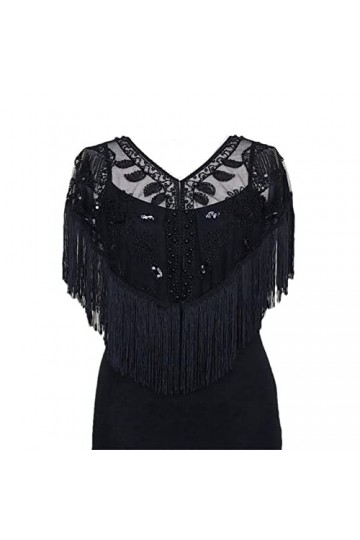 Youllyuu Cape de mariage à paillettes style années 1920 pour femme avec perles et franges, Capelet noir, taille unique