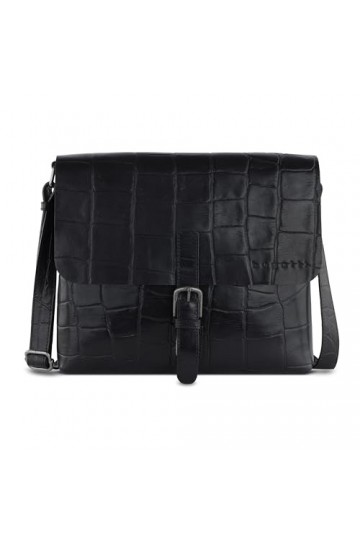 bugatti Nevio grand sac à bandoulière en cuir véritable aspect crocodile, sac messager en noir