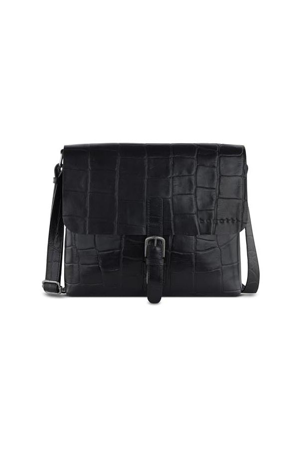 bugatti Nevio grand sac à bandoulière en cuir véritable aspect crocodile, sac messager en noir