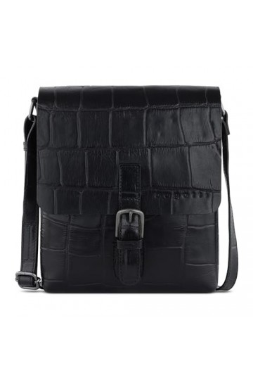 bugatti Nevio sac à bandoulière en cuir véritable aspect crocodile, sac à bandoulière en noir