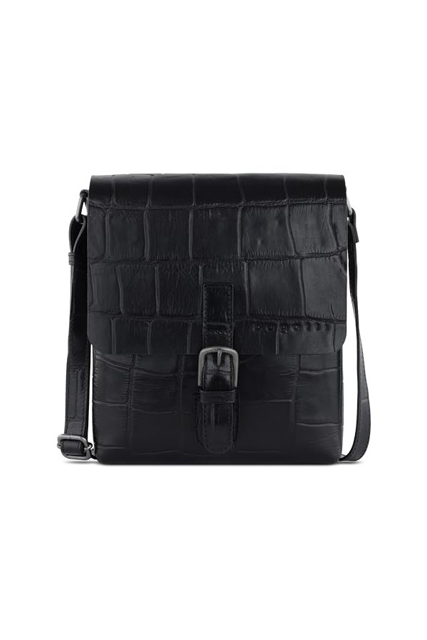 bugatti Nevio sac à bandoulière en cuir véritable aspect crocodile, sac à bandoulière en noir