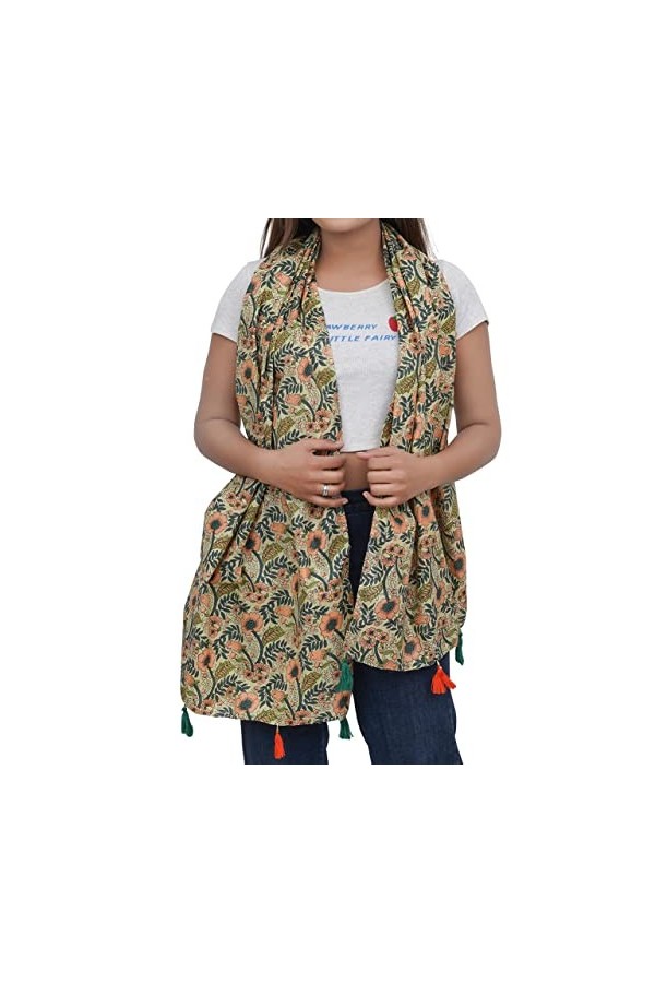 iinfinize Écharpe dhiver pour femme avec pompons, étole en coton chaud, style vintage, 183 x 55 cm, vert