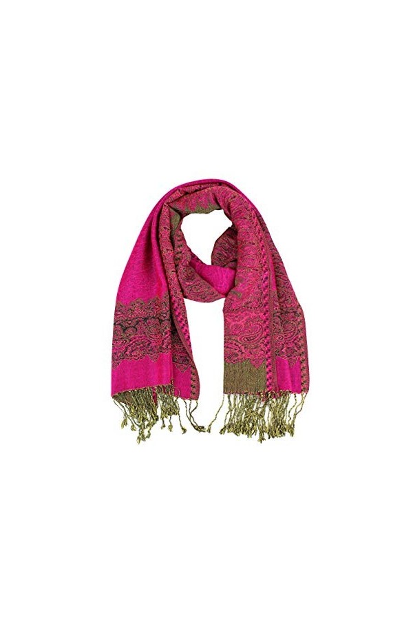 PASKMLNA Châle Pashmina tissé réversible à double couche avec bordure, 003 06Rose vif, Large