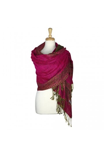 PASKMLNA Châle Pashmina tissé réversible à double couche avec bordure, 003 06Rose vif, Large