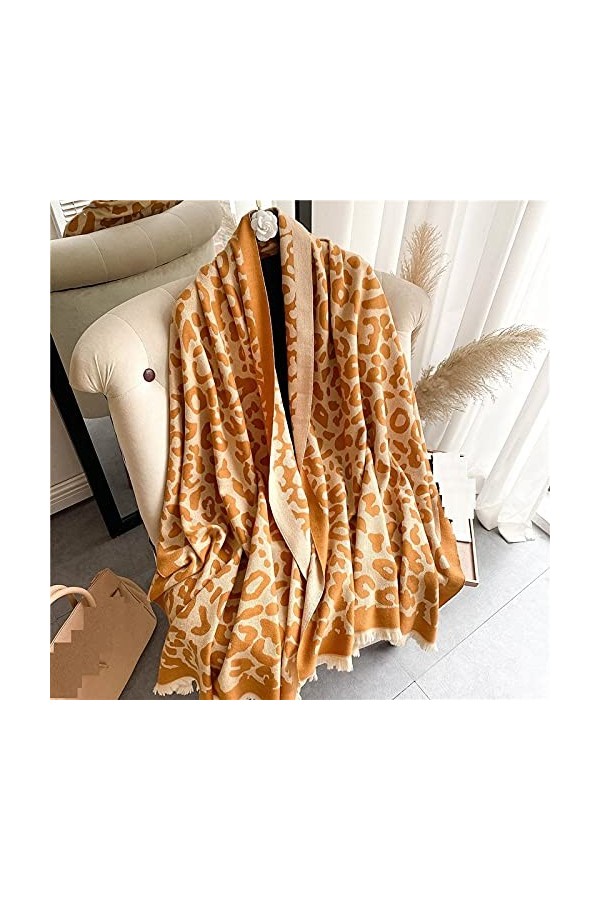 RFEGEF Femme Écharpe Pashmina,Écharpes Et Châles pour Dames Mode Classique Jaune Jacquard Léopard Gland Réversible Longs Et D