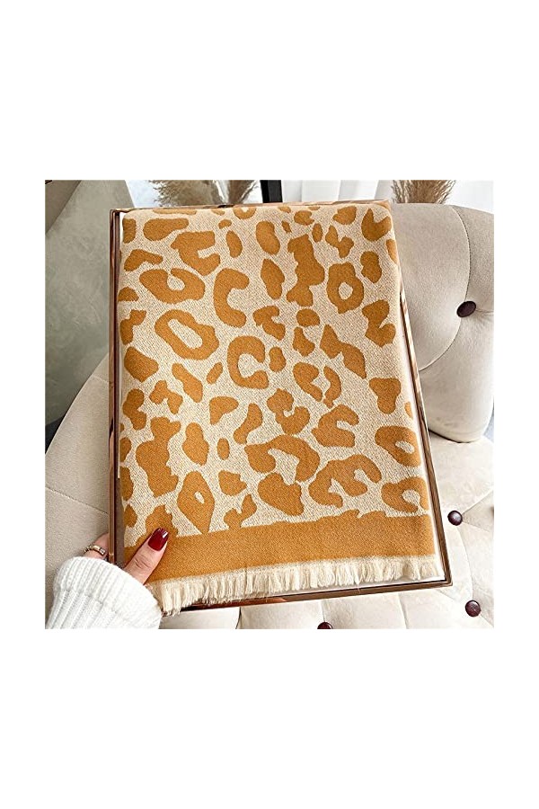 RFEGEF Femme Écharpe Pashmina,Écharpes Et Châles pour Dames Mode Classique Jaune Jacquard Léopard Gland Réversible Longs Et D