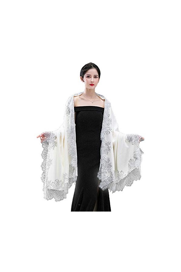 MYhose Femmes Écharpe Femmes Pashmina Grande Écharpe Vintage Châle Wrap Cils Floral Dentelle Cape De Mariage Blanc