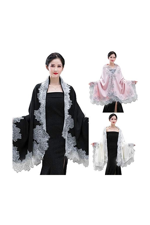 MYhose Femmes Écharpe Femmes Pashmina Grande Écharpe Vintage Châle Wrap Cils Floral Dentelle Cape De Mariage Blanc