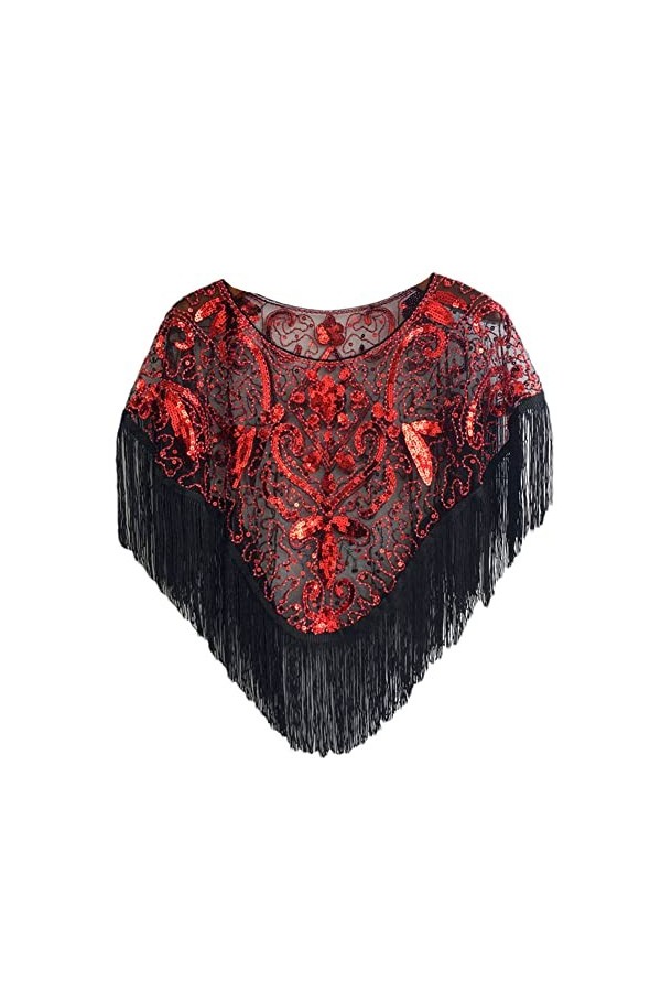 Youllyuu Châle de soirée années 1920 avec perles et franges, Rouge, taille unique