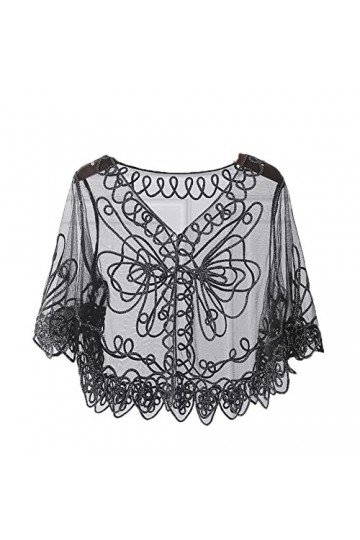 Youllyuu Cape vintage à paillettes et perles pour mariage, soirée, années 1920, Dessus noir., taille unique