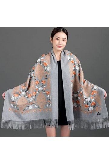 Femme Écharpe Pashmina,Dames Écharpes Et Châles Gris Rétro Style Ethnique Broderie Glands Longues Et Douces Écharpes dhiver 