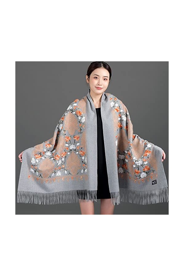Femme Écharpe Pashmina,Dames Écharpes Et Châles Gris Rétro Style Ethnique Broderie Glands Longues Et Douces Écharpes dhiver 