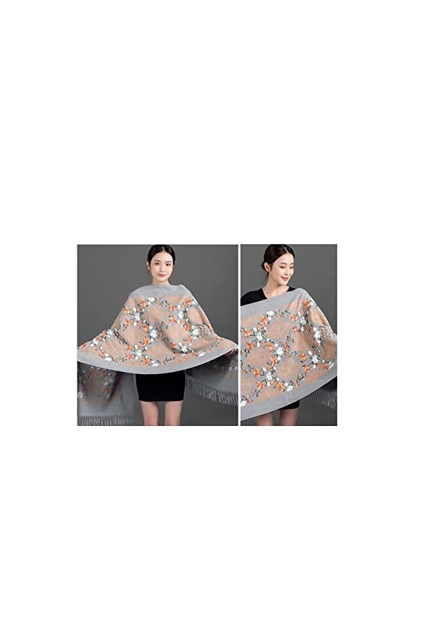 Femme Écharpe Pashmina,Dames Écharpes Et Châles Gris Rétro Style Ethnique Broderie Glands Longues Et Douces Écharpes dhiver 