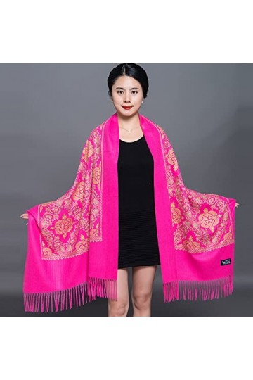 RFEGEF Femme Écharpe Pashmina,Écharpes Et Châles pour Dames Rose Rouge Style Ethnique Rétro Riche Peony Glands De Broderie Lo
