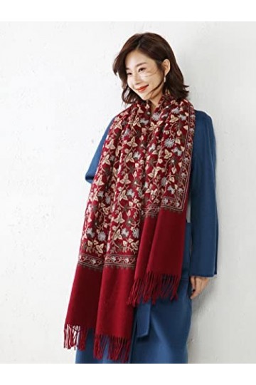 RFEGEF Femme Écharpe Pashmina,Dames Écharpes Et Châles Vin Rouge Rétro Style Ethnique Fleurs Broderie Gland Long Doux Foulard