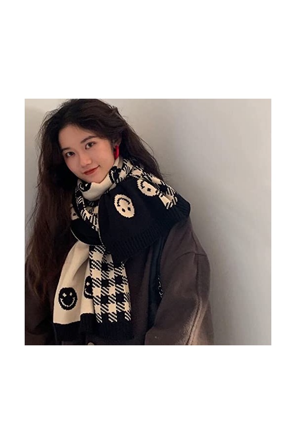 Bywenzai Foulard Écharpe dhiver pour Femmes Tricotée Épaisse Double Face Smiley Face Cachemire Pashmina Châle Dames Écharpes