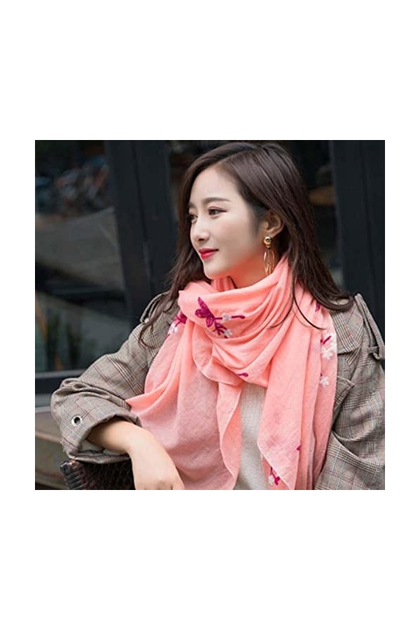Bysonglezai Foulard Femme Echarpe Homme Châle Long Voyage Coton Lin Coupe Écharpe Automne Hiver Gaze Broderie Fleurs Cou Gard