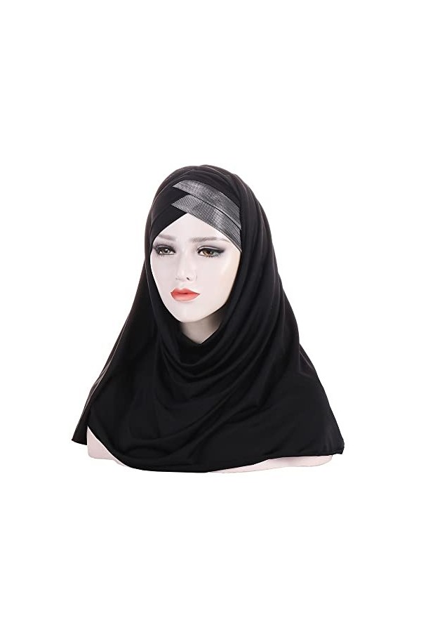 hijab pour femme Paillettes une pièce femmes musulmanes longue écharpe tirer sur prêt à casquette instantanée couvre-chef env