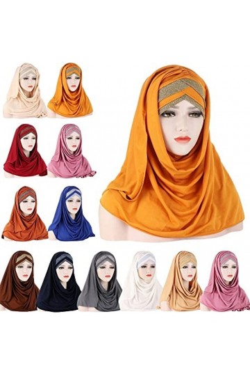 hijab pour femme Paillettes une pièce femmes musulmanes longue écharpe tirer sur prêt à casquette instantanée couvre-chef env