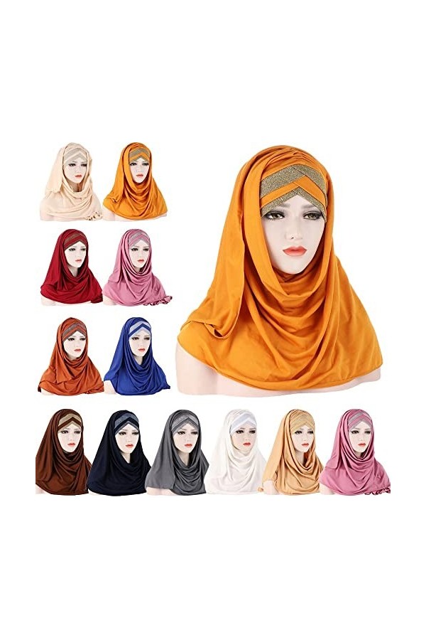 hijab pour femme Paillettes une pièce femmes musulmanes longue écharpe tirer sur prêt à casquette instantanée couvre-chef env