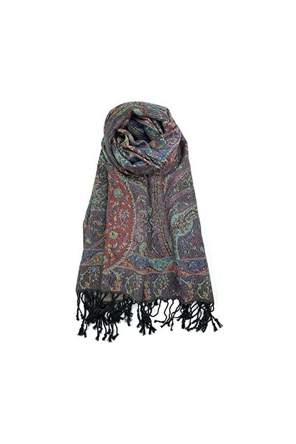 Plum Feathers Écharpe pashmina à motif cachemire ethnique, Tapisserie noire multicolore, taille unique