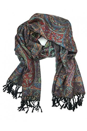 Plum Feathers Écharpe pashmina à motif cachemire ethnique, Tapisserie noire multicolore, taille unique