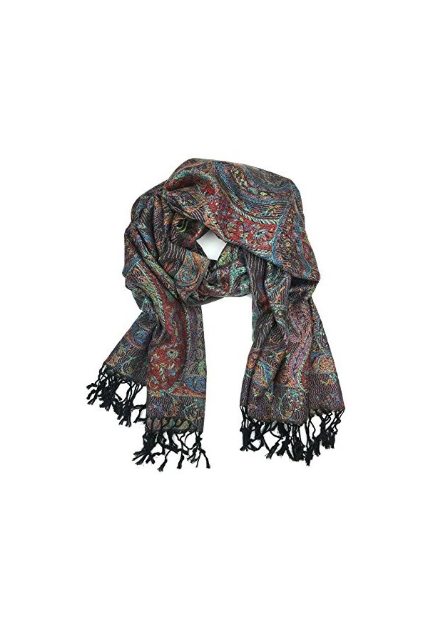Plum Feathers Écharpe pashmina à motif cachemire ethnique, Tapisserie noire multicolore, taille unique