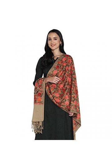 Grande écharpe brodée en fausse laine pashmina pour femme, style indien Kashmiri surdimensionné, marron,