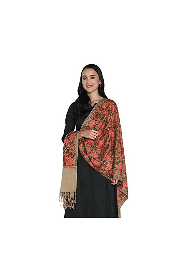 Grande écharpe brodée en fausse laine pashmina pour femme, style indien Kashmiri surdimensionné, marron,