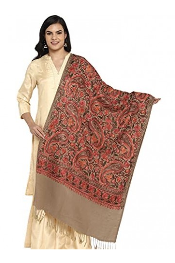 Grande écharpe brodée en fausse laine pashmina indienne surdimensionnée pour femme, marron,
