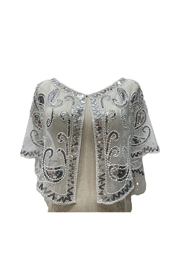 Youllyuu Capelet vintage à paillettes et perles pour mariage, soirée, années 1920, Argenté., taille unique