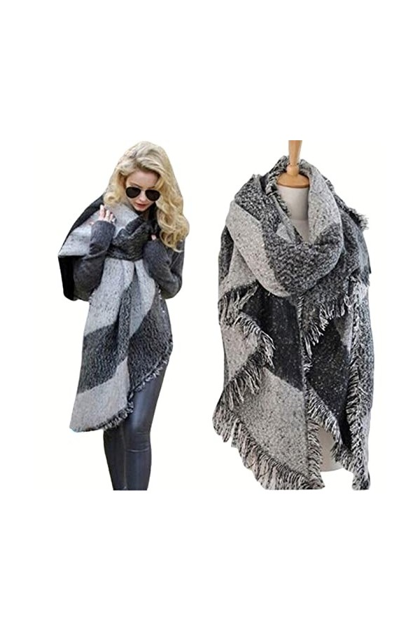 SUYGGCK Châle tendance pashmina pour femme - Écharpe épaisse chaude dhiver à carreaux réversible - Poncho chaud - Rouge viol