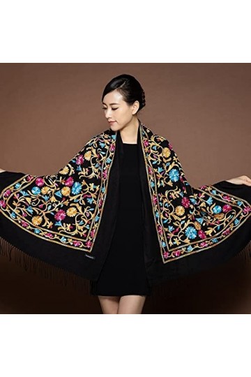 kerryshop Echarpe Femme Femmes Pashmina Broderie Flower Châles Spring Automne Printemps Hiver Soft Foulards avec Tassels Long