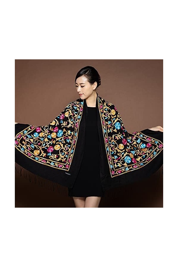 kerryshop Echarpe Femme Femmes Pashmina Broderie Flower Châles Spring Automne Printemps Hiver Soft Foulards avec Tassels Long