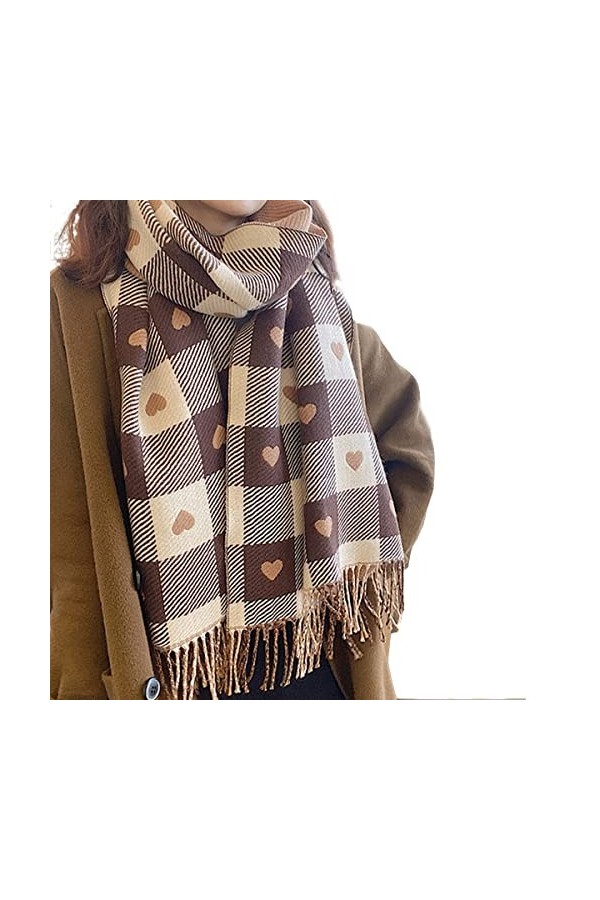 Foulard en Soie, écharpe Femmes en Forme de Coeur Plaid Double Face Doux Écharpe à Carreaux pour Femmes Laine Chaude Spinning