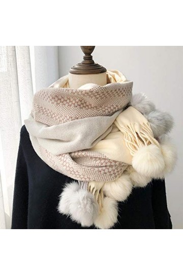 GCC Écharpe dhiver en Cachemire Chaud pour Femmes,Blanc Couture Longue écharpe Châle Doux Décoration De Boule De Fourrure De