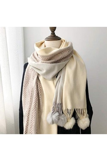 GCC Écharpe dhiver en Cachemire Chaud pour Femmes,Blanc Couture Longue écharpe Châle Doux Décoration De Boule De Fourrure De
