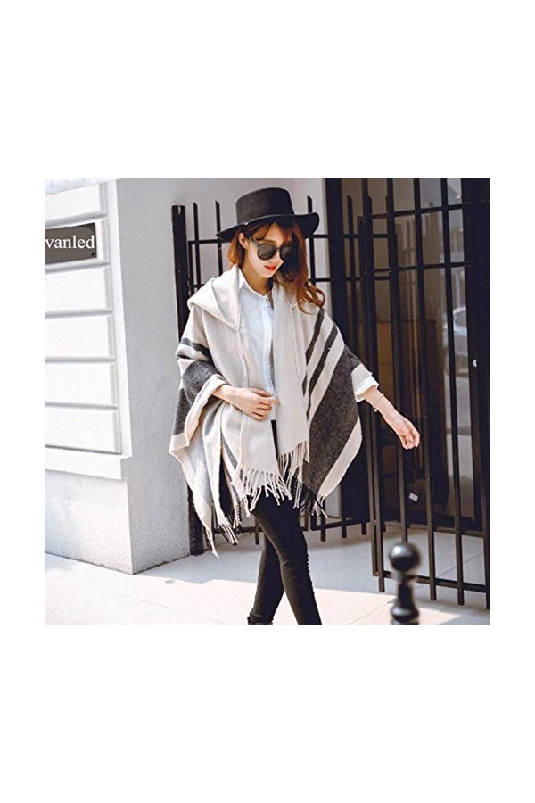 Bywenzai Foulard Femmes Hiver Écharpe Mode Rayé Noir Beige Ponchos Et Capes À Capuche Épais Chaud Châles Écharpes Femme Outwe