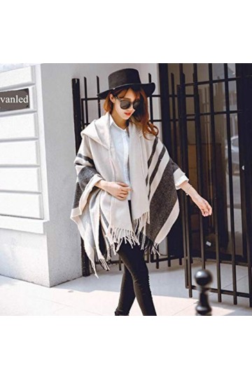 Bywenzai Foulard Femmes Hiver Écharpe Mode Rayé Noir Beige Ponchos Et Capes À Capuche Épais Chaud Châles Écharpes Femme Outwe