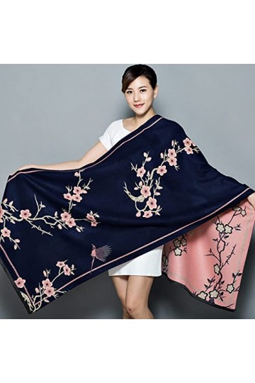 RFEGEF Coton Foulard,Dames Écharpes Et Châles Bleu Marine Rétro Mode Fleur De Pêche Jacquard Réversible Longue Et Douce Échar