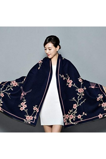 RFEGEF Coton Foulard,Dames Écharpes Et Châles Bleu Marine Rétro Mode Fleur De Pêche Jacquard Réversible Longue Et Douce Échar