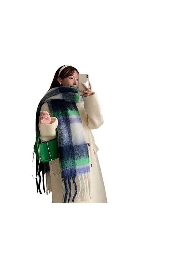 DAFLIN Echarpes Femme， Écharpe à Carreaux Verte for Femmes, Hiver Pashmina châles Cachemire épais enveloppes Dame Gland échar
