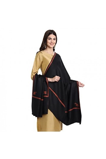 Kashmiri Indian Sozni Écharpe en laine pashmina brodée pour femme, noir, Large