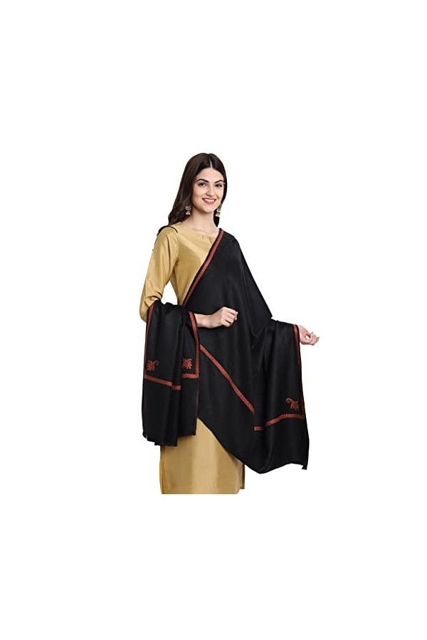 Kashmiri Indian Sozni Écharpe en laine pashmina brodée pour femme, noir, Large