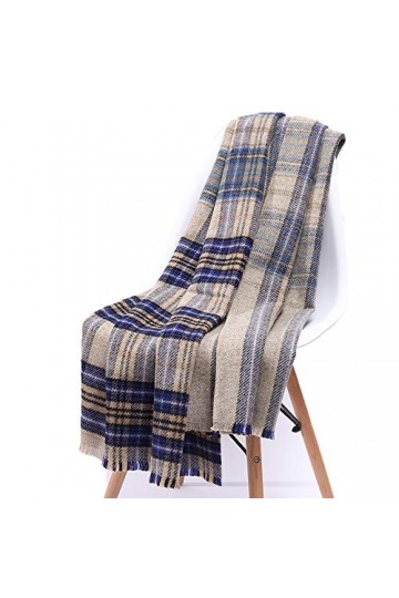 Écharpe en laine vierge à carreaux en pure laine cachemire et cachemire pour automne et hiver - Bleu - Taille unique