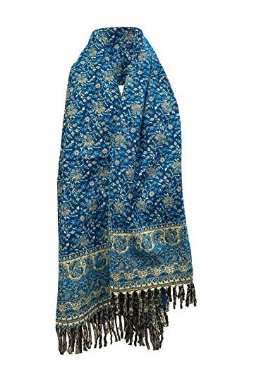 Écharpe dhiver en laine douce et chaude avec imprimé floral et feuilles - Fabriquée à la main - En pure laine de yak, Bleu/b