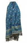 Écharpe dhiver en laine douce et chaude avec imprimé floral et feuilles - Fabriquée à la main - En pure laine de yak, Bleu/b